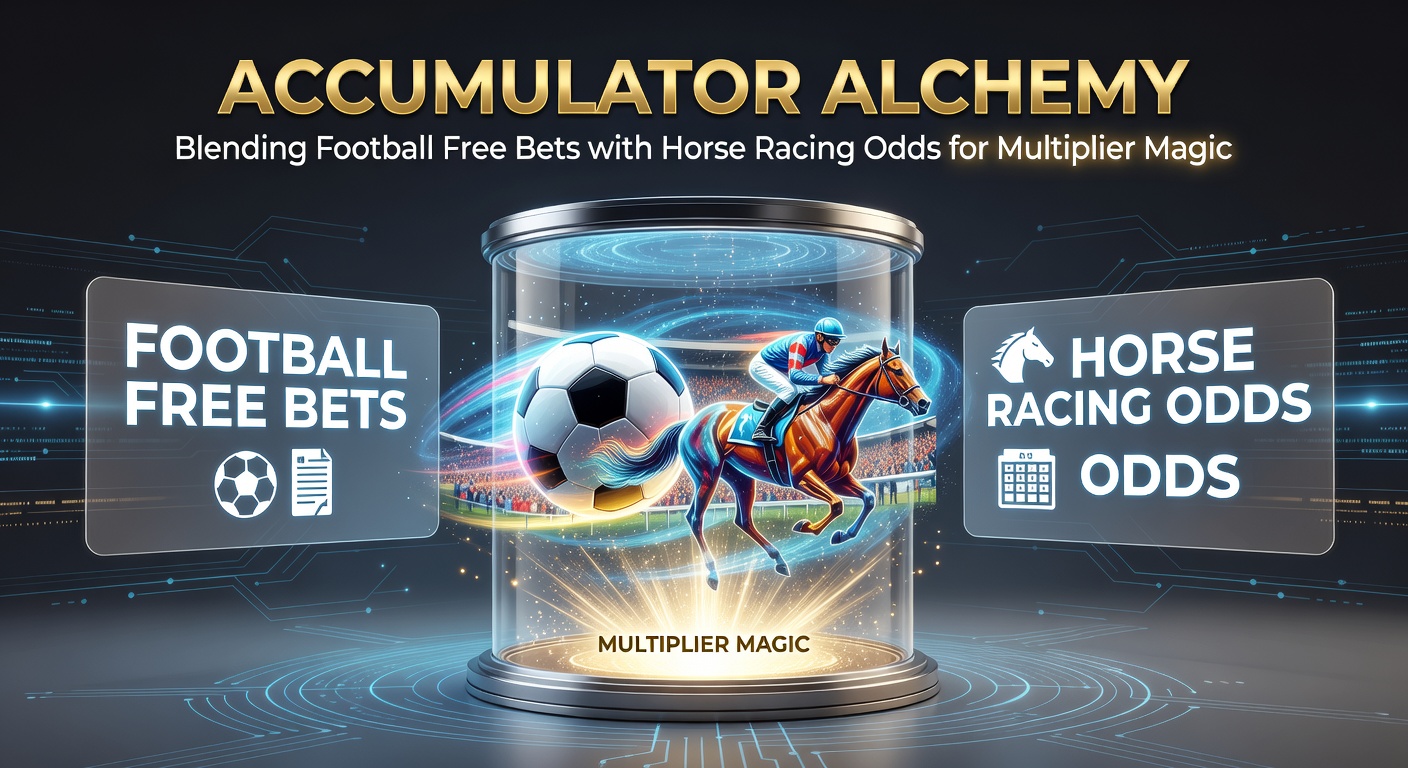 Vibrant graphic showing stacked football and horse racing icons merging into a glowing accumulator multiplier symbol, with free bet vouchers floating around