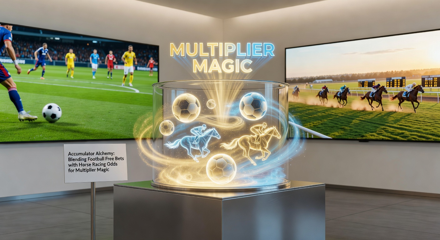 Dynamic split-image of a football pitch action shot transitioning into a horse racing finish line, overlaid with rising multiplier graphs and free bet icons