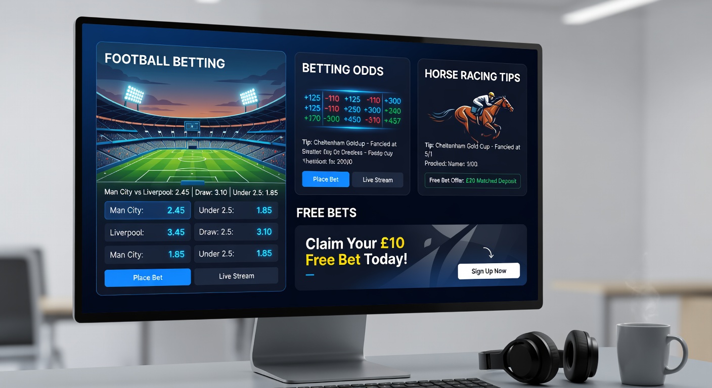 Dynamic split image showing a soccer player celebrating a late goal alongside a horse surging ahead in a steeplechase, with overlaid betting odds screens glowing in the background