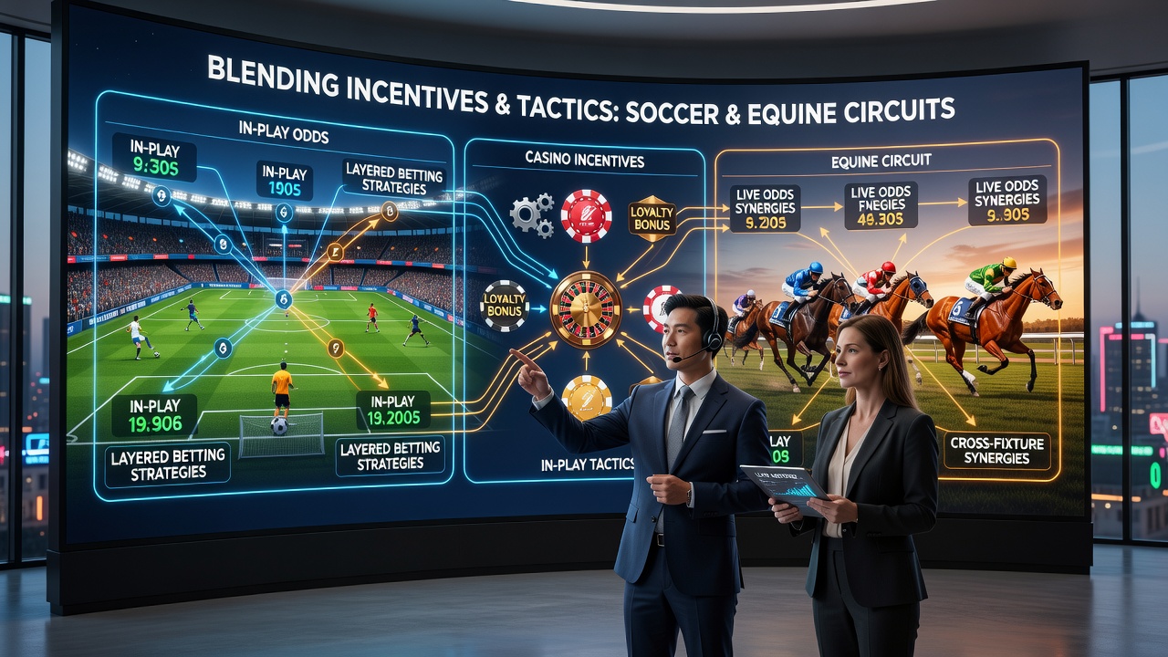 Live in-play betting interface showing soccer and horse racing markets with bonus overlays