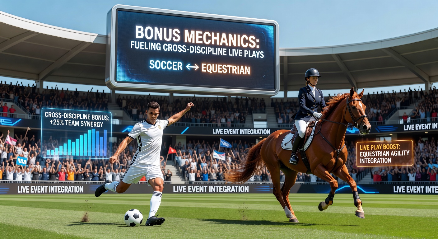 Illustration showing overlapping soccer pitch and equestrian track with bonus overlay graphics