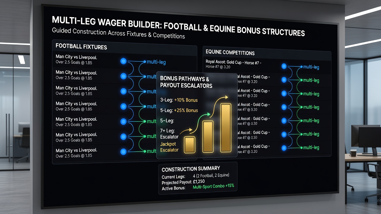 Bettor reviewing accumulator construction combining football fixtures with horse racing events under bonus terms