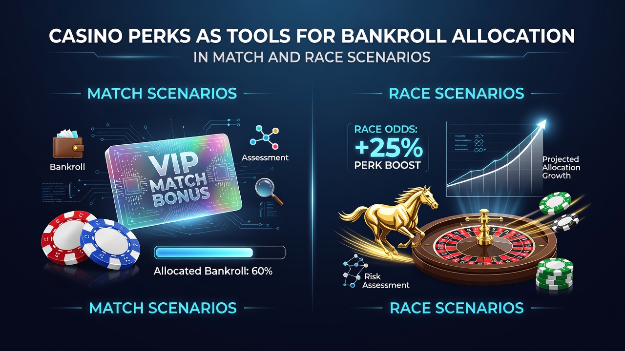 Casino perks and bankroll allocation tools displayed alongside football match and horse racing betting interfaces