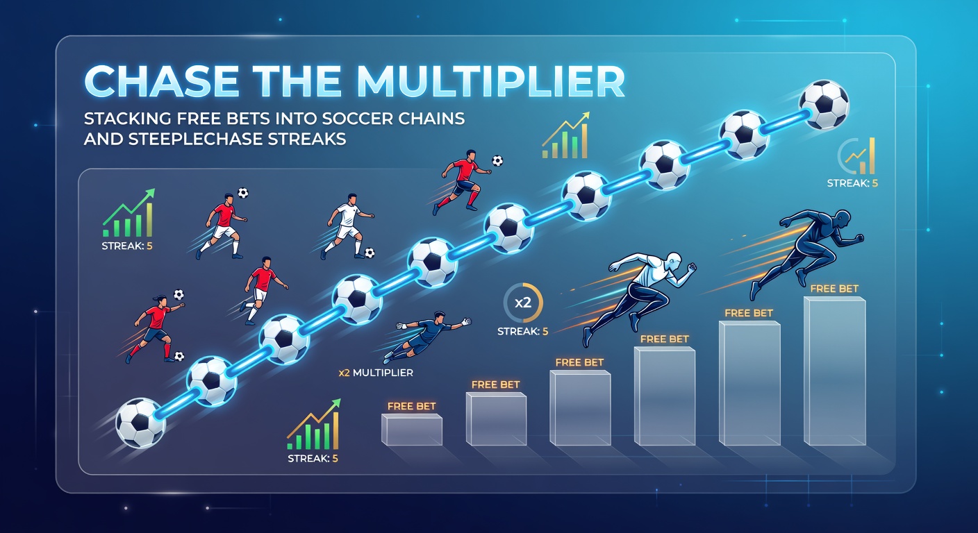 Dynamic graphic showing stacked soccer accumulator bets transitioning into steeplechase race sequences with multiplying odds