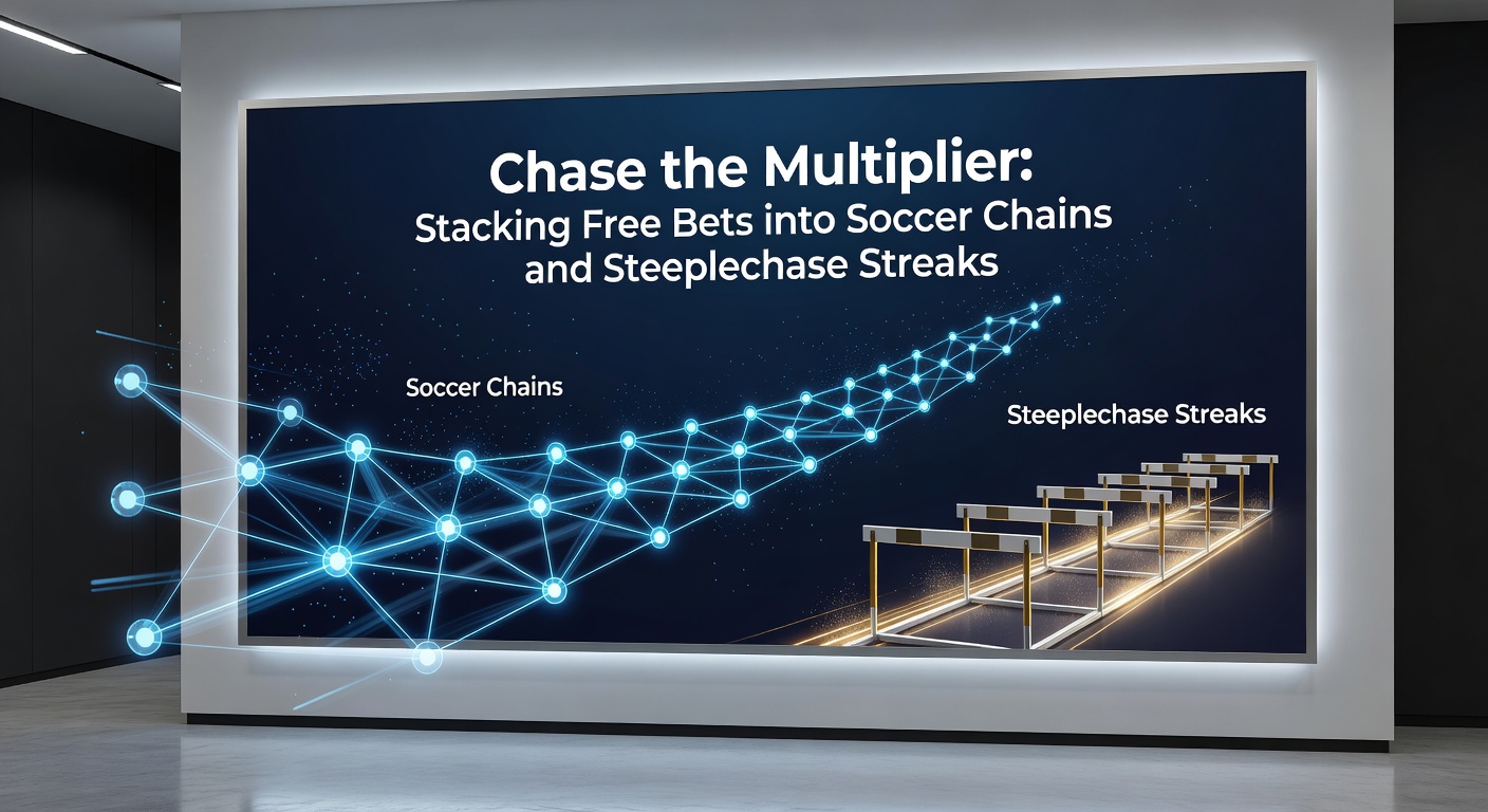 Close-up of a steeplechase horse mid-jump over hurdles, overlaid with soccer pitch icons and rising multiplier arrows