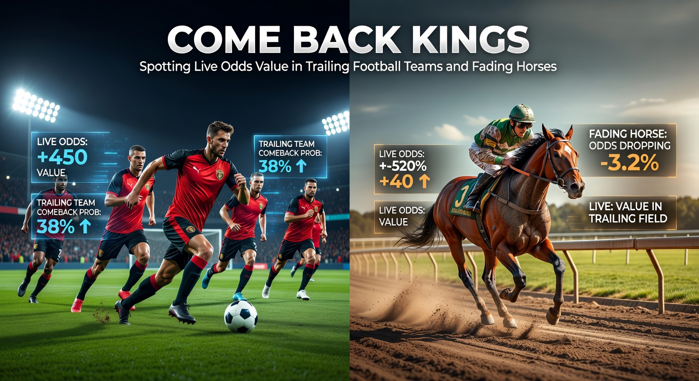 A dramatic soccer comeback scene with a trailing team celebrating a late goal, overlaid with rising live odds graphs, capturing the thrill of in-play value betting