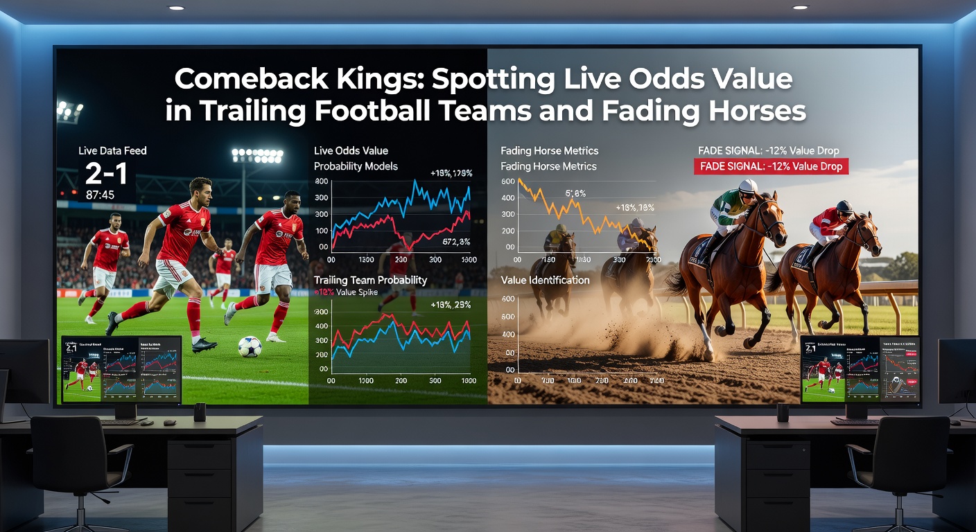 A horse racing scene of a fading runner rallying late in a tight finish, with live odds ticker showing value drift, illustrating in-play betting excitement on the track