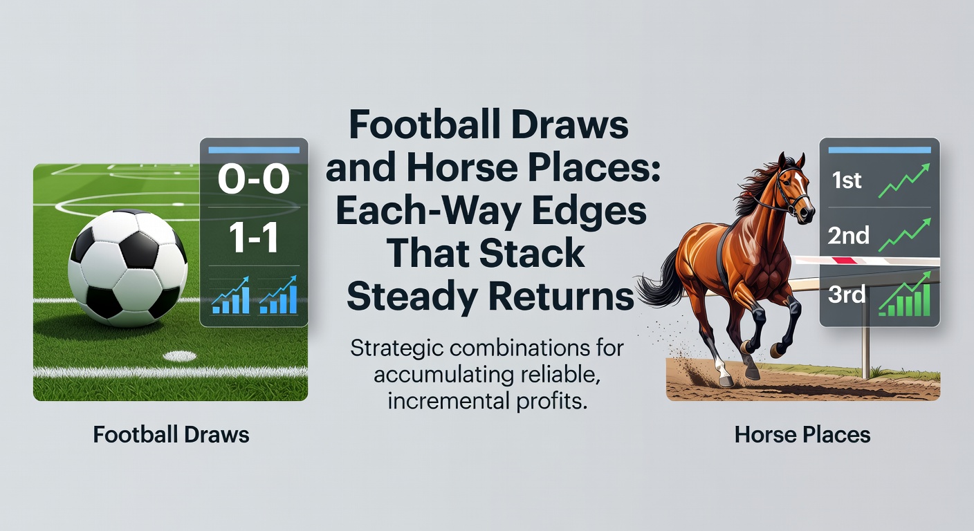 Dynamic graphic showing stacked betting slips for football draws alongside horse racing each-way place payouts, highlighting steady return potential
