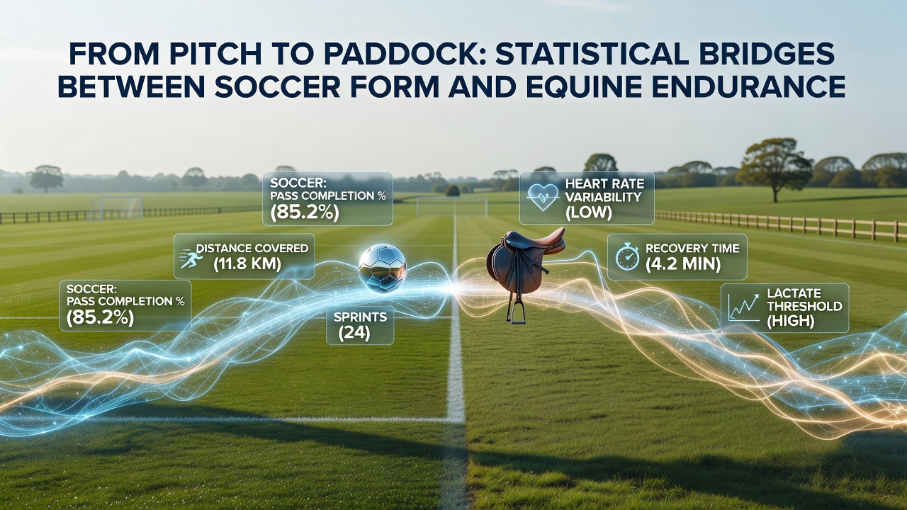 Soccer pitch with overlaid endurance graphs next to a horse racing track showing similar statistical patterns