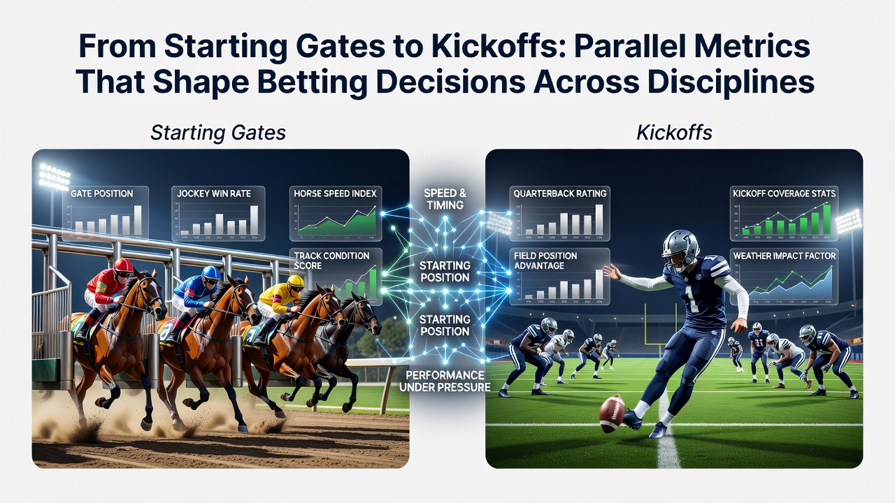 Visual comparison of starting gate metrics in horse racing alongside kickoff dynamics in football, highlighting parallel performance indicators used in betting analysis