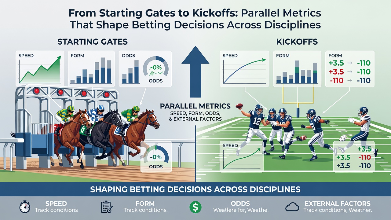 Infographic displaying side-by-side statistical overlays of horse racing sectional times and football possession metrics used to inform cross-discipline betting strategies