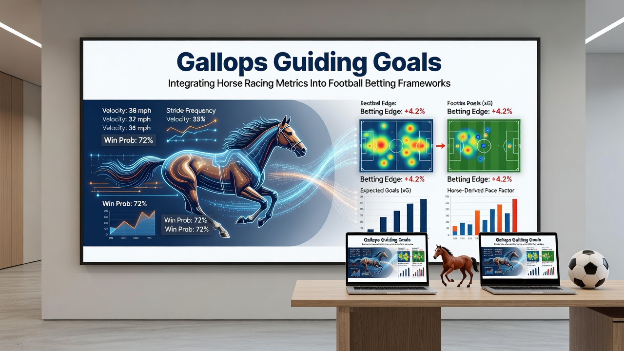 Visual representation of horse racing speed metrics overlaid on a football pitch diagram showing integrated betting frameworks