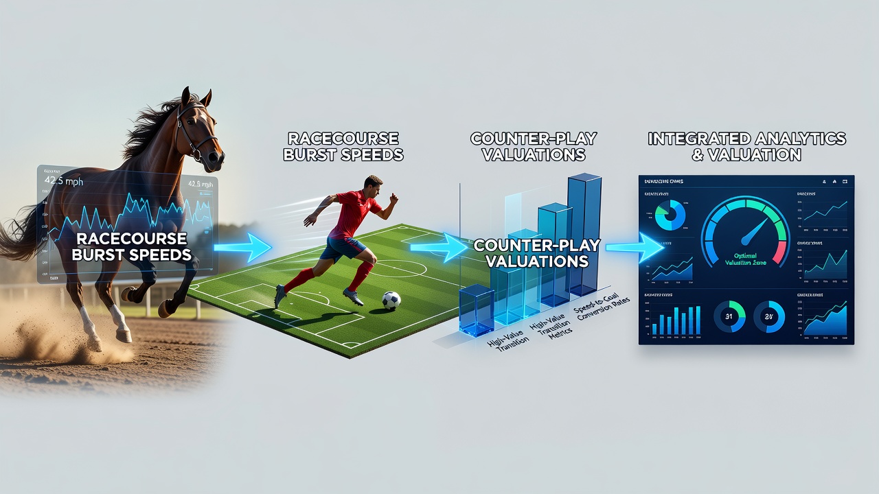 Racecourse burst speed analysis diagram showing acceleration metrics alongside soccer counter-attack pathways