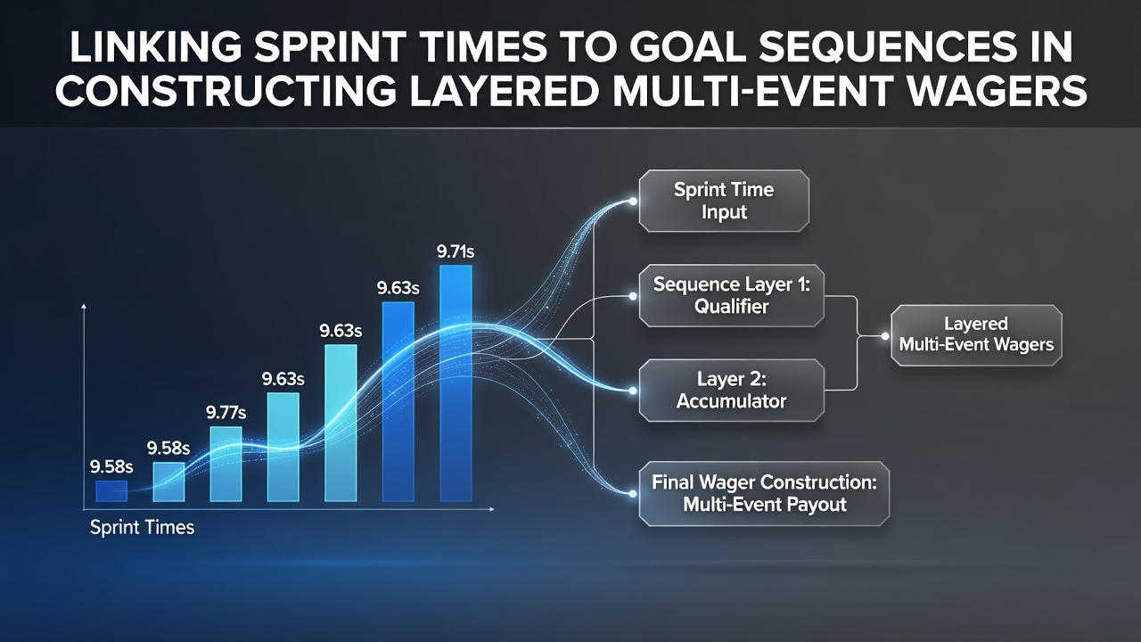 Visual representation of sprint timing data overlaid with football goal sequence analytics for multi-event betting layers