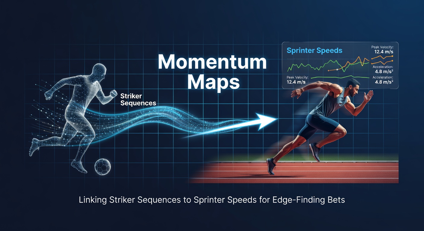 Visual representation of a momentum map overlaying soccer striker goal sequences with horse racing sprinter speed charts, highlighting correlation peaks for betting edges
