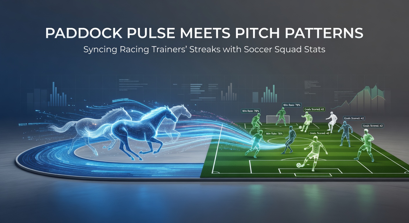 Split image showing a horse racing trainer in the paddock alongside a soccer team huddle on the pitch, highlighting performance patterns in both sports