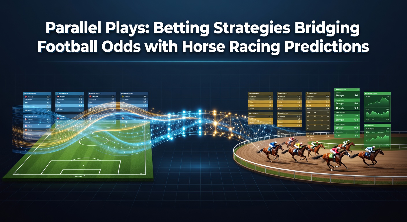 A dynamic split-image showing a football pitch in action alongside a horse racing track with jockeys sprinting, symbolizing the convergence of two betting worlds