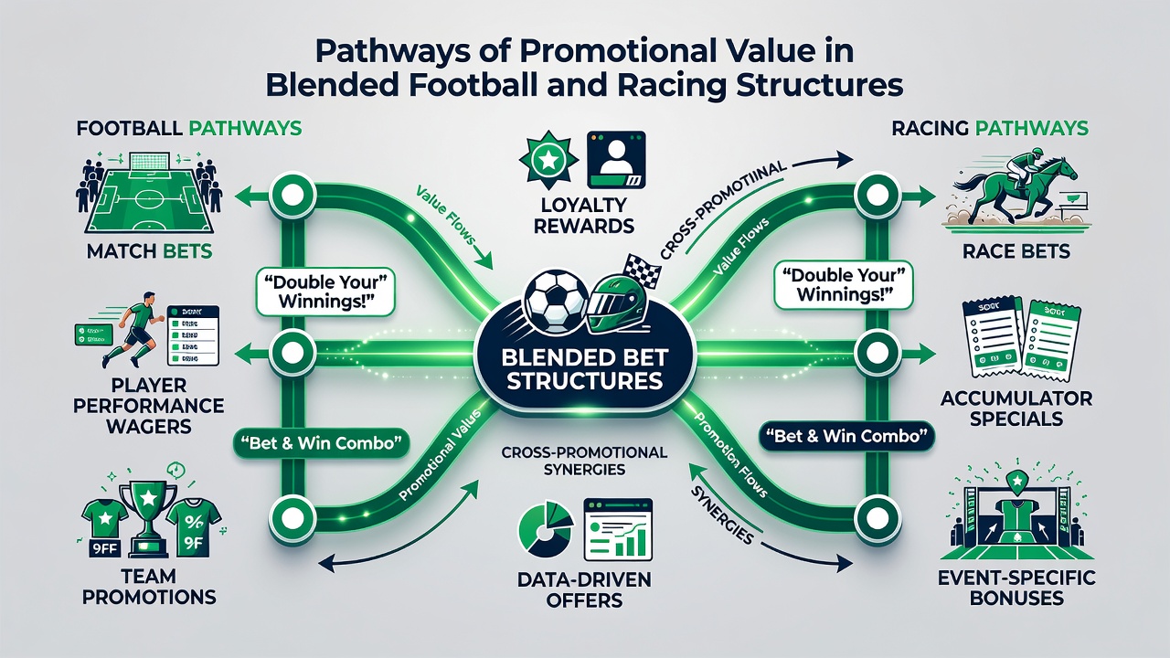 Infographic illustrating accumulator chains across football pitches and racing tracks with promotional multipliers