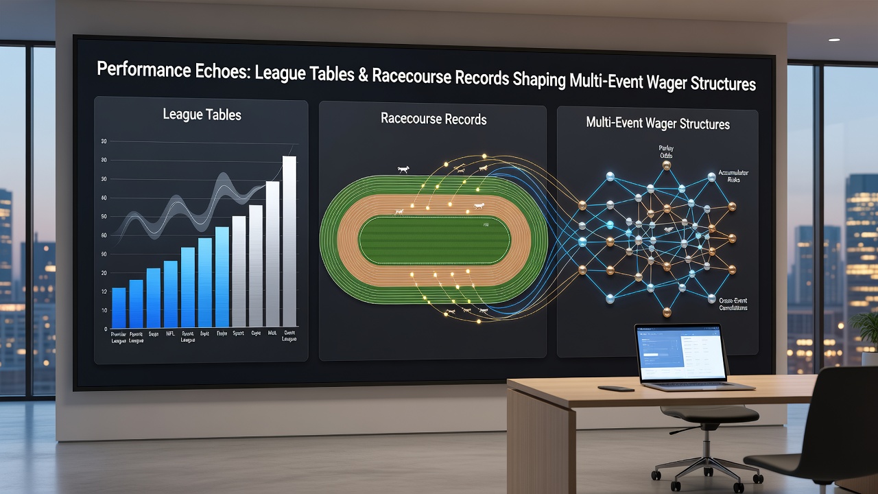 Digital dashboard showing interconnected performance metrics from football leagues and horse racing records used for wager pricing