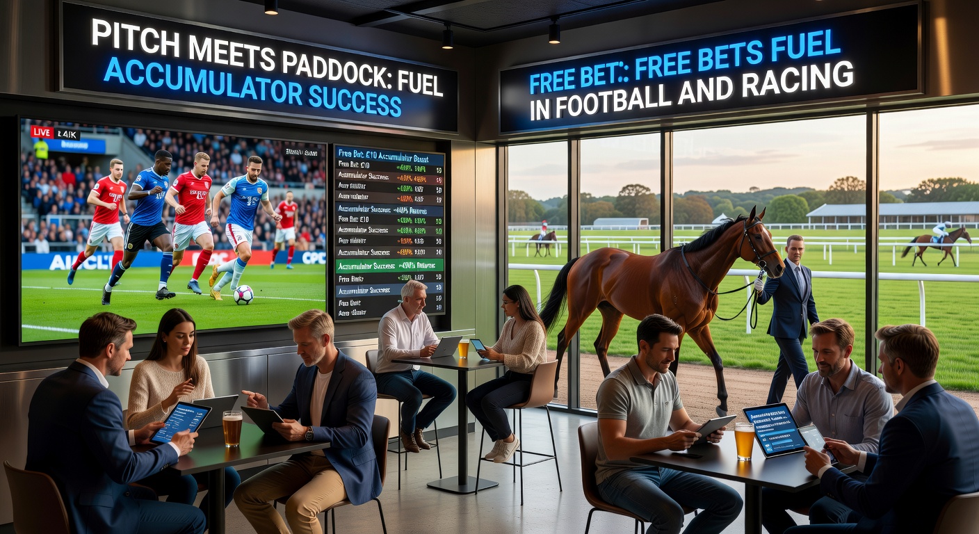 Vibrant scene of a football pitch merging with a horse racing paddock, highlighting accumulator bets and free bet promotions