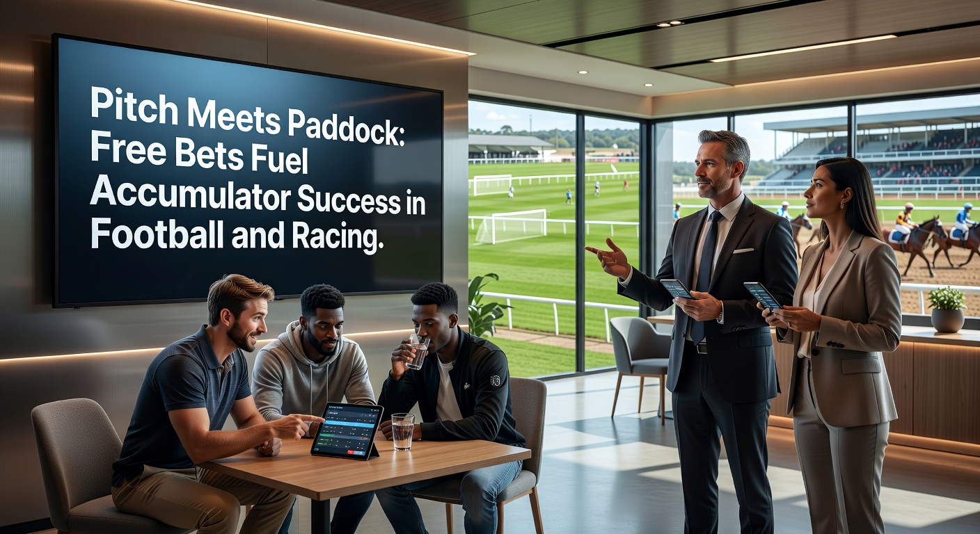 Dynamic image of horse racing paddock action intertwined with football stadium excitement, showcasing accumulator bet slips and free bet icons