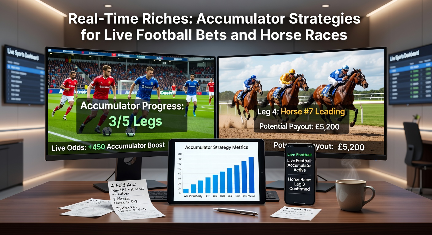 Dynamic live betting screen showing soccer accumulator odds updating in real-time alongside a horse race starting gate