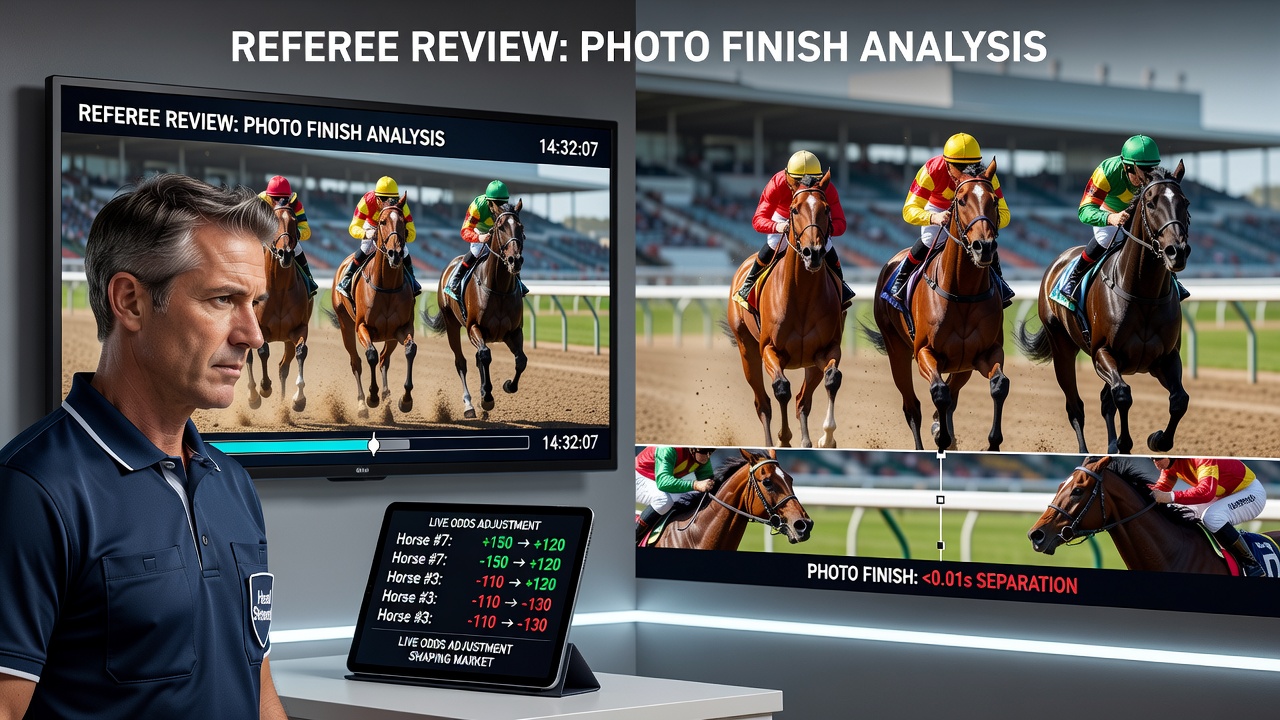 Referee reviewing a play on a pitchside monitor during a live soccer match while betting markets pause