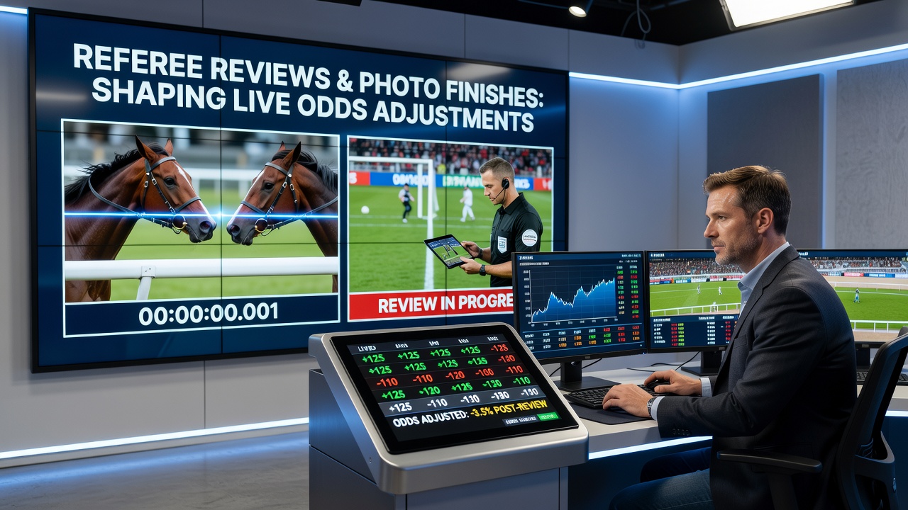 Stewards examining a photo-finish image at a racetrack while betting terminals display suspended markets