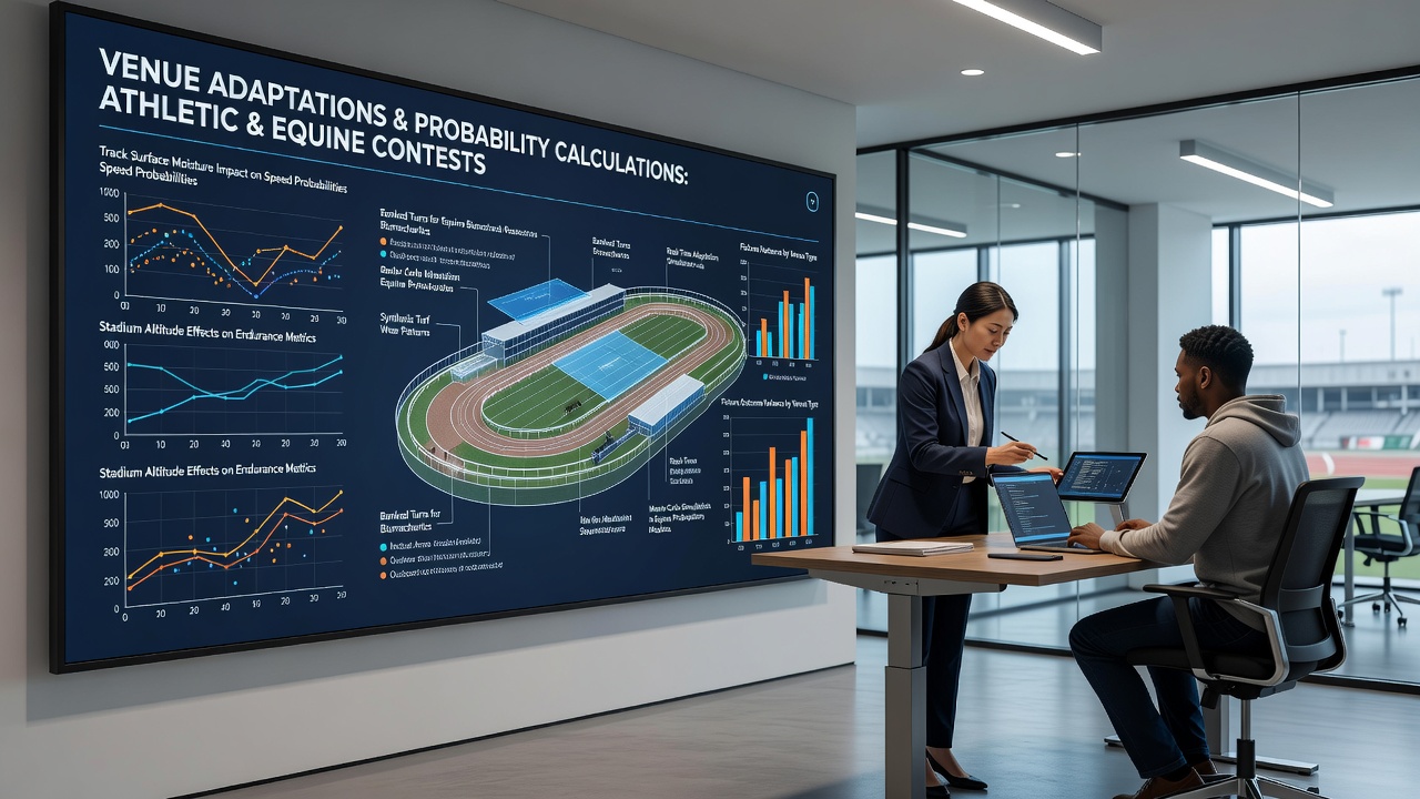 Data analysts reviewing venue adaptation metrics for sports and racing probability models