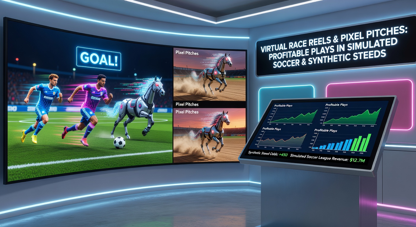 Dynamic virtual horse race with synthetic steeds neck-and-neck at the finish line, digital crowd in stands