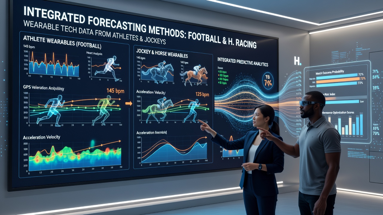 Data analysts reviewing integrated wearable sensor outputs on large screens, comparing football and horse-racing performance metrics side by side