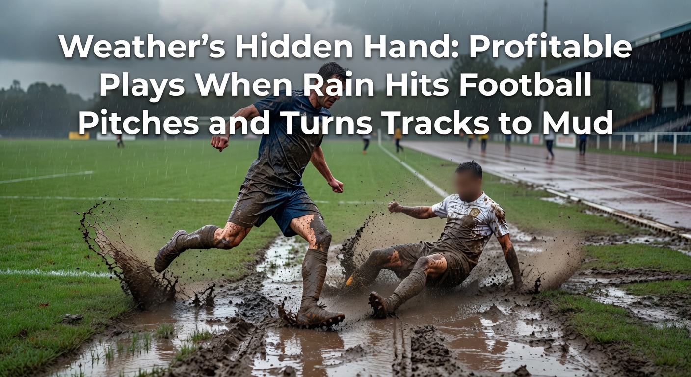 A soccer player sliding through mud on a rain-soaked pitch during a match, highlighting the chaos of wet conditions